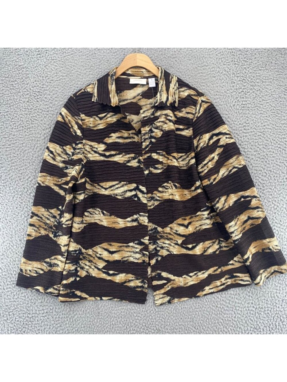Chicos Jacket Womens 1 US Medium Tula Brown Cocoa Bean Scrunchy Animal Print NWT